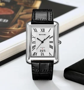 SKMEI 2575 Stainless Steel Quartz Men’s Business Fashion Watch, Roman Numeral Square Case, Leather Strap, 3BAR