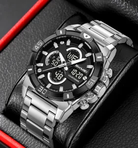 SKMEI 2593 Men’s Luxury Stainless Steel Strap Analog Digital Watch Luminous Double Display Chronograph Alarm Business