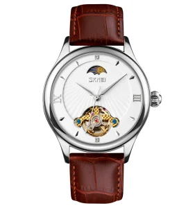 SKMEI 9251 Men’s Luxury Automatic Machinery Watch Classic Leather Wristband 40mm Dial Fashionable Design Relojs