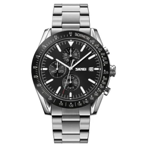 SKMEI 9253 Men’s Fashion Business Watches with Stainless Steel Waterproof Auto Date Chronograph Quartz Watch