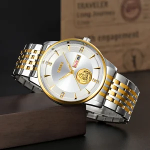SKMEI 9309 Men’s Luxury Business Sport Fashion Charm Watch Alloy Gold Sailboat Day Week Stainless Steel Band Waterproof Analog