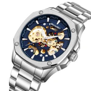 SKMEI 9378 Mechanical Mens Watch Automatic Blue Stainless Steel Waterproof Business Skeleton Watch