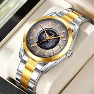 SKMEI 9399 Men Automatic Mechanical Watch Earth Dial Stainless Steel Band 30M Waterproof Luminous Date Business Mens Wristwatch