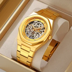 SKMEI M034 Automatic Mechanical Skeleton Analog Watch Stainless Steel Strap Luminous Waterproof Business Men’s