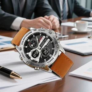 SKMEI Men’s Dual Display Analog Digital Quartz Wrist Watch Leather Waterproof Chronograph with Stop Watch Alarm Features