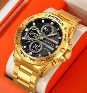 SKMEI Men’s Dual Display Analog Digital Quartz Wrist Watch Stainless Steel Waterproof Chronograph with Stop Watch Alarm Features