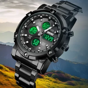 SKMEl 1389 3ATM Water Resistant Stainless Steel Watch Mens Fashion Wristwatch 3 Time Analog Digital Quartz Watch for Men