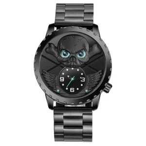 SKONE 7462 Fashionable Mens Quartz Watch Steel Band Waterproof Skull Face Design Character Watch Set