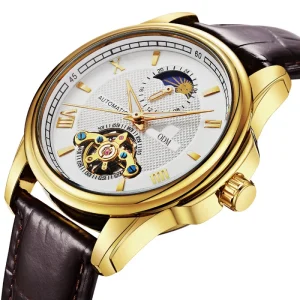 SN021 Fully Automatic Mechanical Watch Sun Moon Stars Men’s Business Style Water Resistant 30m