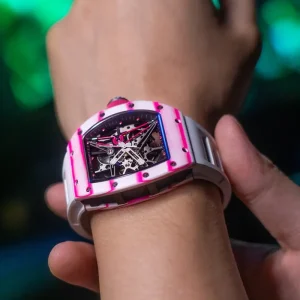Samurai Style 44MM Pink Carbon Fiber Manual Skeleton Mechanical Men’s Watch