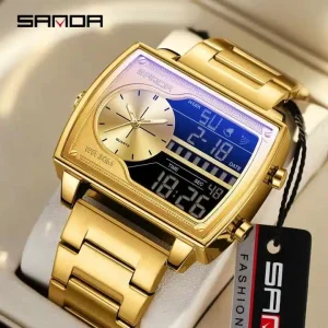 Sanda 6163 Fashion Men Watches Stainless Leather Silicone Sport Digital Analog Big Square Digital Watch