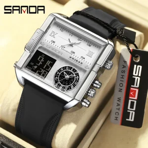 Sanda Cross Border Bestseller Men’s Square Analogue Digital Display 3BAR Water Resistant Acrylic Luminous Hands Sports Watch