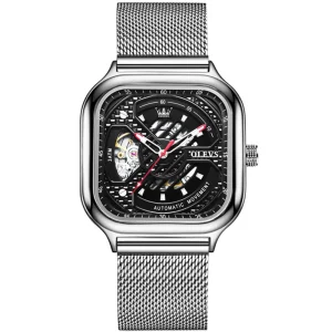 Selected Luxury Men’s Mechanical Wrist Watch Square Hollow Art Skeleton Design Stainless Steel Water Resistant Aesthetic Texture