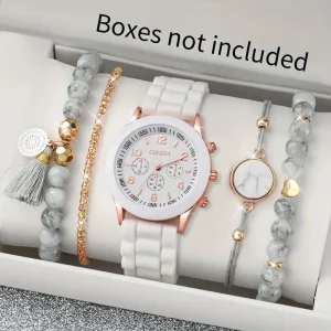 Set 5 Women’s Casual Fashion Quartz Analog Silicone Wrist Watches Antique Marble Vein Bracelets Alloy Case Coin Cartoon Haiou