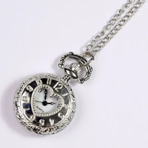 Silver Antique Pocket Watch with Heart Shaped Hollow Double Sided Scale Quartz Fashionable Personal Watch