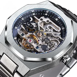Silver Automatic Watch 3D Skeleton Men’s Wristwatch Luminescent Watch Men’s Watch Accessory