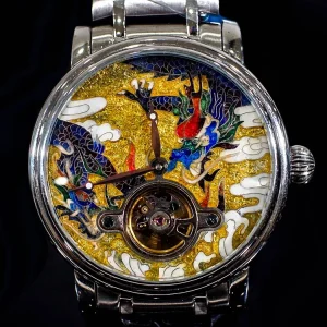 Silver Dial Men’s Chinese Dragon Enamel Mechanical Watch Leather Band Customizable Clasp