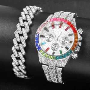 Silver Gold Alloy Iced Out Bling Rhinestone Hip Hop Men’s Quartz Watch Cuban Link Chain Bracelet Jewelry Set