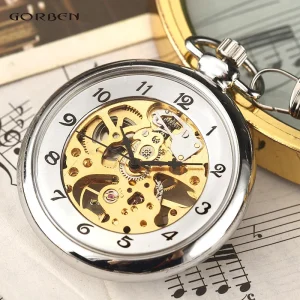 Silver Hand Winding Full Steel Pocket Watch Skeleton Transparent Mechanical Pocket Watch Fob Chain