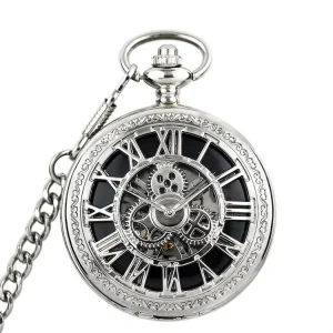 Silver Modern Roman Automatic Mechanical Zinc Alloy Round Case 4.7CM Dial Pocket Watch with Black Paper Box
