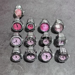 Silver Plated Digital Ring Watch Minimalist Pink Dial Steel Mini Women Finger Watch Rings