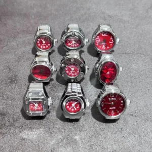 Silver Plated Digital Ring Watch Minimalist Watch Ring Red Dial Steel Mini Women Finger Watch