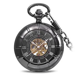 Simple Black Roman Mechanical Pocket Watch Mens Hands Scale Skeleton Pocket Watch with Chain As Xmas Fathers Day Gift