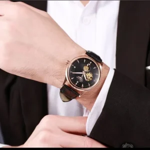 Simple Business Style Custom logo Stainless Steel Band Waterproof Hollow Out Automatic Movement Watch for Man