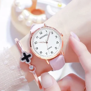 Simple Retro Women’s Luminous Watch Small Round Leather Wristband Frosted Surface Quartz Movement Digital Belt Glass Dial Window