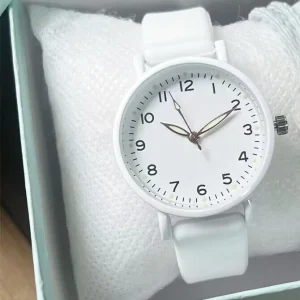 Simple Stainless Steel Case Pointer Dial Quartz Watch Casual Silicone Band Water Resistant