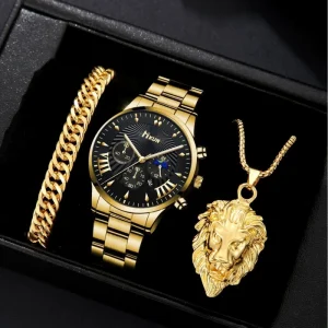 Simple and Creative Steel Belt Men’s Watch Decorative Three-eye Quartz Watch Lion Jewelry Set