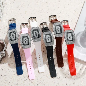 Six-Color Silicone Strap Quartz Watch with Wine Barrel Shape Dial and Rhinestones
