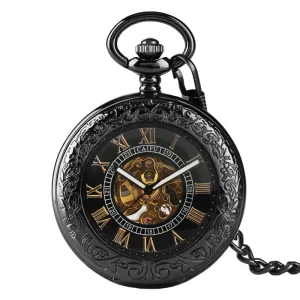 Skeleton Automatic Mechanical Pocket Watch for Men Retro Gift Black Roman Style Steampunk Pendant with Fob Chain