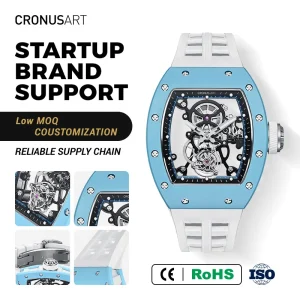 Skeleton Automatic Mechanical Watch for Men Tech Ceramic Barrel Tourbillon Feature Crystal Dial Rubber