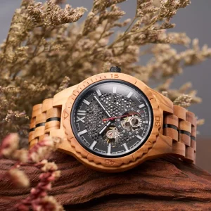 Skeleton Dial Automatic Stainless Steel and Olive Wood Mechanical Watch Pointer Hands 24mm Band for Men