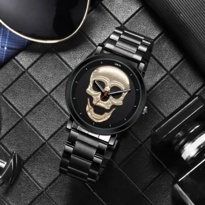 Skeleton Head Stereoscopic Quartz Watch Stainless Steel Waterproof Sport Men Watch