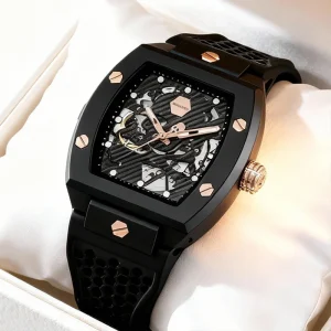 Skeleton Hollowed-Out Barrel-shaped Mechanical Watch for Men Silicone Watch for Men Business Calendar Sport Watch