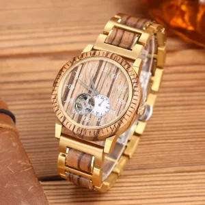 Skeleton Mechanical Men’s Watches See through Case Back Automatic Wooden Watch Sapphire Glass Wooden Man Wristwatch in Stock