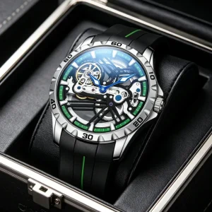 Skeleton Mechanical Watch Luminous Hands Waterproof Stainless Steel Analog Hollow Watch