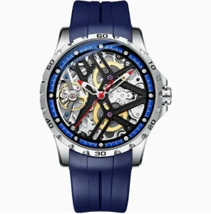 Skeleton Mechanical Watch for Men Waterproof Luminous Automatic Wristwatch with Blue Silicone Band