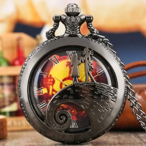 Skeleton Nightmare Steampunk Pocket Watch with Necklace Chain Quartz Watch Locket Pendant Black