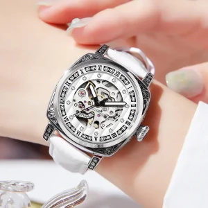 Skeleton Quartz Watch Set Men’s Fashion Wristwatch Business Casual Stainless Steel Leather Timepiece