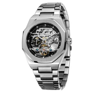 Skeleton Style Brushed Case PVD Plating Luxury Stainless Steel Band Fully Automatic Mechanical Watch Custom Logo