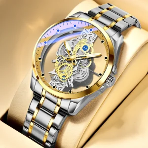Skeleton Style Men Watch Two Tone Steel Bracelet Quartz Wristwatch