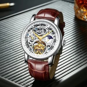Skeleton Watch for Men Automatic Leather Strap Mechanical Waterproof Wristwatch