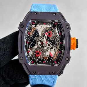 Skeleton Watch for Men Tonneau Openwork Mechanical Wristwatch Blue Strap Watch