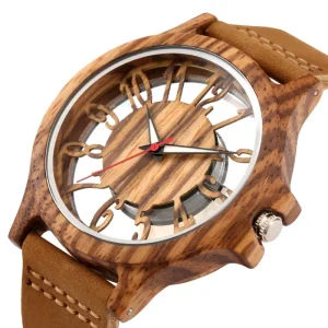 Skeleton Wood Dial Leather Strap Wood Watch Quartz Wooden Wrist Watches Montre En Bois