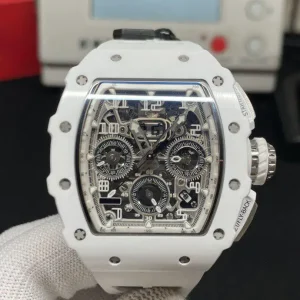Skeleton chronograph watch, white ceramic barrel-shaped case, automatic mechanical movement, luxury sports watch