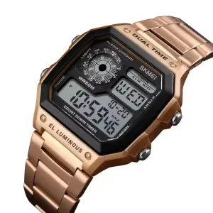 Skmei 1335 Fashion Rose Gold Stainless Steel Belt Digital Watches 50M Water Resistant LED Display Men’s Wristwatch