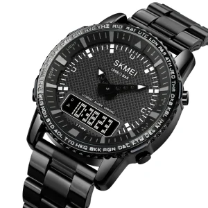 Skmei 1898 Luxury Men’s Digital Quartz Watch with Alarm Stainless Steel Band 3ATM Waterproof Chronograph